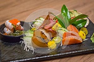Sashimi Moriawase 5 types Salmon, maguro, tako, tai, shime saba