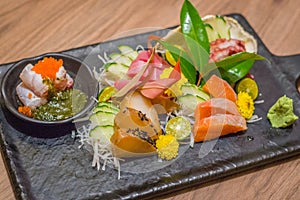 Sashimi Moriawase 5 types Salmon, maguro, tako, tai, shime saba
