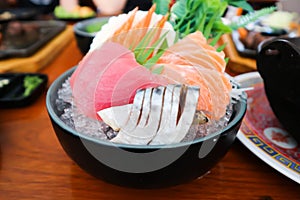sashimi or raw salmon , Akami and raw tuna or raw mackerel and kanikama