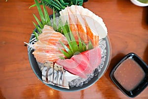 sashimi or raw salmon , Akami and raw tuna or raw mackerel and kanikama