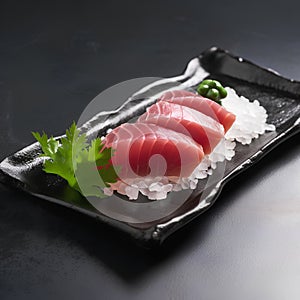 Sashimi with raw tuna, green peas and parsley on black background