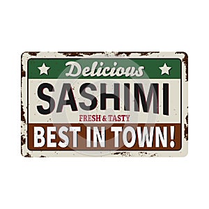 Sashimi rusty metal plate, Japanese food vector vintage rust tin sign. Sushi bar menu, shrimp or prawn seafood with rice