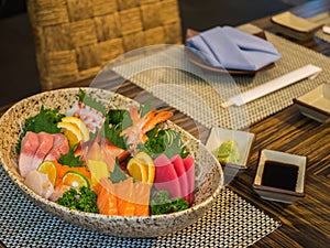 Sashimi salad set on table