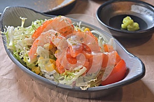 Sashimi Salmon Shrimp lettuce corn salad