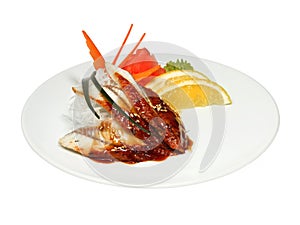 Sashimi set with eel on white round plate