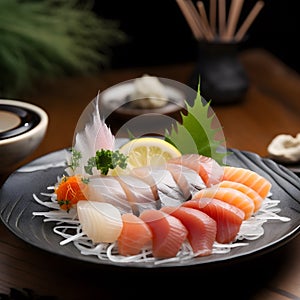 Sashimi set with salmon, tuna, japanese food in resturant. Generative AI