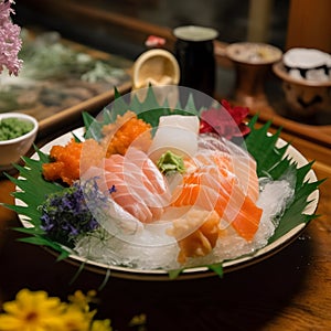 Sashimi set with salmon, tuna, japanese food in resturant. Generative AI