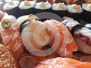 Sashimi and sushi close up. rice and fish japanese food