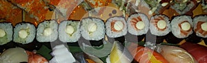 Sashimi and sushi close up. rice and fish japanese food