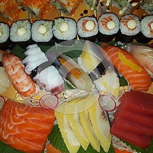 Sashimi and sushi close up. rice and fish japanese food