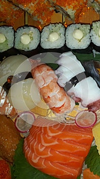 Sashimi and sushi close up. rice and fish japanese food