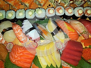 Sashimi and sushi close up. rice and fish japanese food