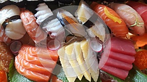 Sashimi and sushi close up. rice and fish japanese food