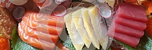 Sashimi and sushi close up. rice and fish japanese food