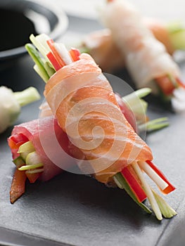 Sashimi and Vegetable Rolls with Soy Sauce