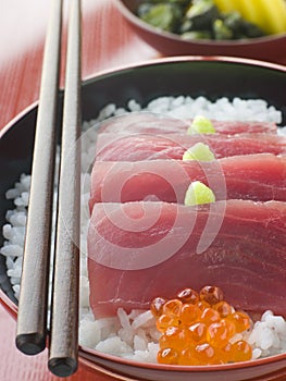 Sashimi of Yellow Fin Tuna on Rice with Salmon Roe