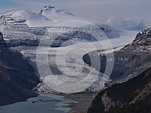 Saskatchewan Glacier below Castleguard Mountain, part of Columbia Icefield, viewed from Parker Ridge, Canada.