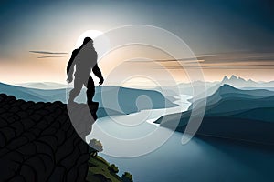Sasquatch silhouette standing on cliff ledge photo