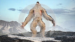 Sasquatch in the snowy mountains on a beautiful fog winter morning. Bigfoot in the mountains. Illustration for fabulous