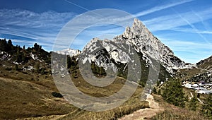 Sass de Stria mountain peak with Passo Falzarego in Dolomites photo