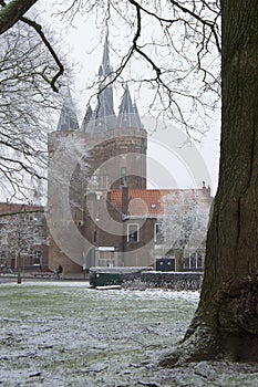 Sassenspoort city gate Zwolle in winter