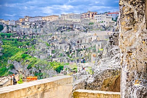 Sassi di Matera blurred view of historical centre Sasso Caveoso of old ancient town with rock cave houses