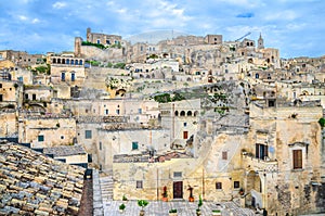 Sassi di Matera panoramic view of historical centre Sasso Caveoso of old ancient town with rock cave houses