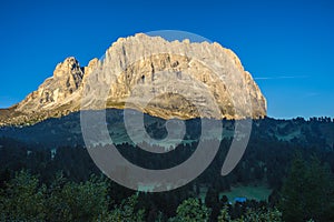 Sassolungo or Langkofel Mountain Group at sunrise, Dolomites, Tr