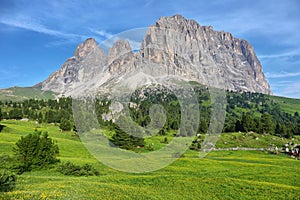 Sassolungo and Sassopiatto mountains from Alpe di Siusi or Seiser Alm, Dolomites Alps , Italy