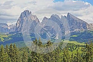 Sassolungo and Sassopiatto mountains viewed from Alpe de Siusi above Ortisei, Val Gardena