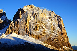 Sassolungo at sunrise. Italy