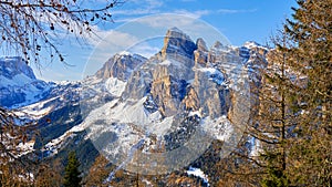 Sassongher peak in Puez-Geisler Nature Park - Winter view from the Sellaronda ski tour in Dolomites, South Tyrol, Italy photo