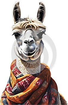 A sassy llama with a scarf and a bow. AI-Generated.