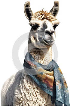 A sassy llama with a scarf and a bow. AI-Generated.