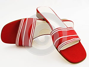 Sassy red and white silk grosgrain sandals. photo