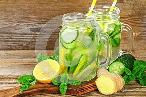 Sassy water. Fresh cool water with cucumber, lemon, ginger and mint. Detox and weight loss.