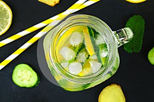 Sassy water. Fresh cool water with cucumber, lemon, ginger and mint. Detox and weight loss.