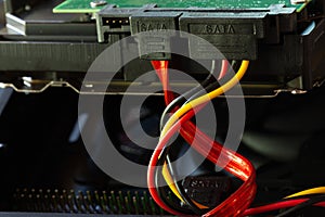 SATA computer connector and cables in a HDD hard disk drive closeup