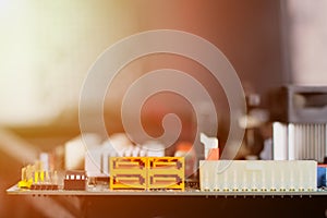 The SATA connector on the computer board. Connect data to the harddisk