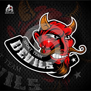 Satan face in profile with bared teeth. Logo for any sport team