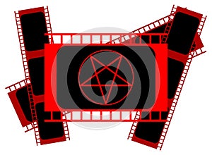 Satanic pentacle on cinema film, satanism, esotericism, isolated.