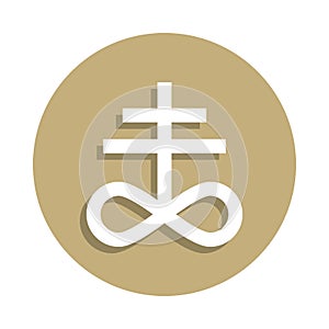 Satanism Leviathan cross sign icon in badge style. One of religion symbol collection icon can be used for UI, UX