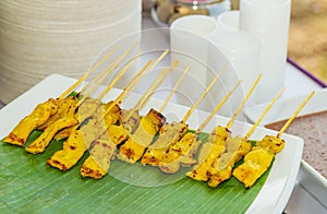 Satay pork Grilled pork with yellow curry powder
