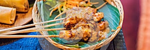 Satay or sate, skewered and grilled meat, served with peanut sauce, cucumber and ketupat. Traditional Malaysian and