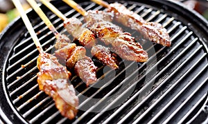 Sate Kambing or Lamb Satay on grill ready to served. Traditional chicken satay and lamb satay