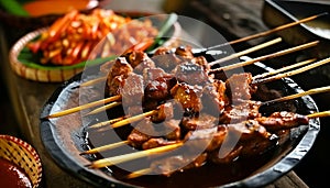 Sate Kere. Popular street food in Solo Surakarta, Central Java. Topped with peanut sauce photo