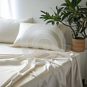Sateen Plain Sheet: Wavy Resin Style Bed With White Pillow And Potted Plant