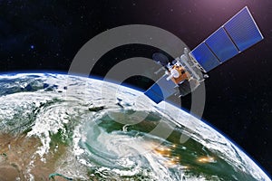 Satellite above the Earth measurements. Sensing, research, probing, monitoring of foci forest fires marked by outbreaks, smoke