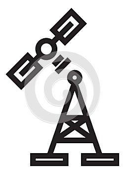 Satellite broadcasting to antenna tower. Global communication icon