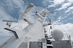 Satellite communication antenna on the top of large passenger ship.